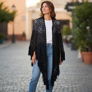 Vintage Handmade Crochet Knit Shawl‎ Wrap Scarf Fringe Boho Chic Evening Grandma